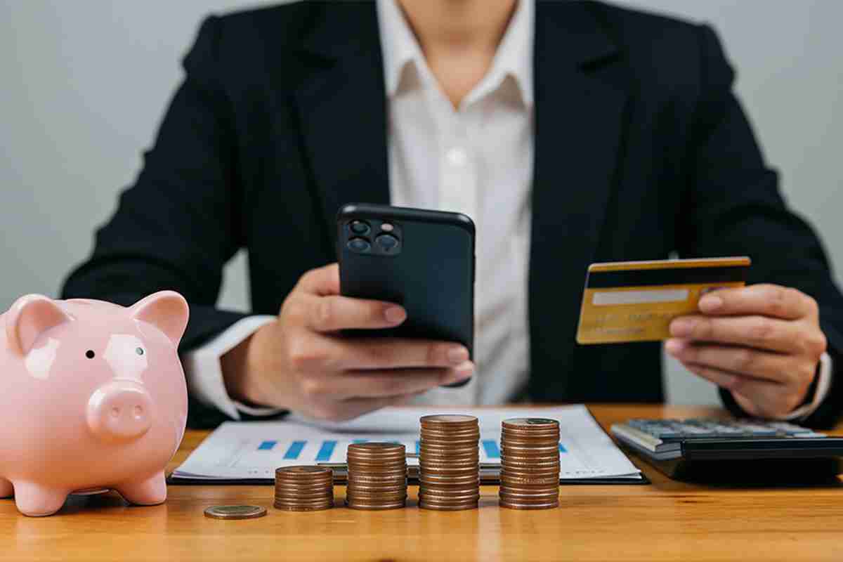 © Sultan - stock.adobe.com Mann mit Smartphone, Bankomatkarte, Sparschwein und Münzen